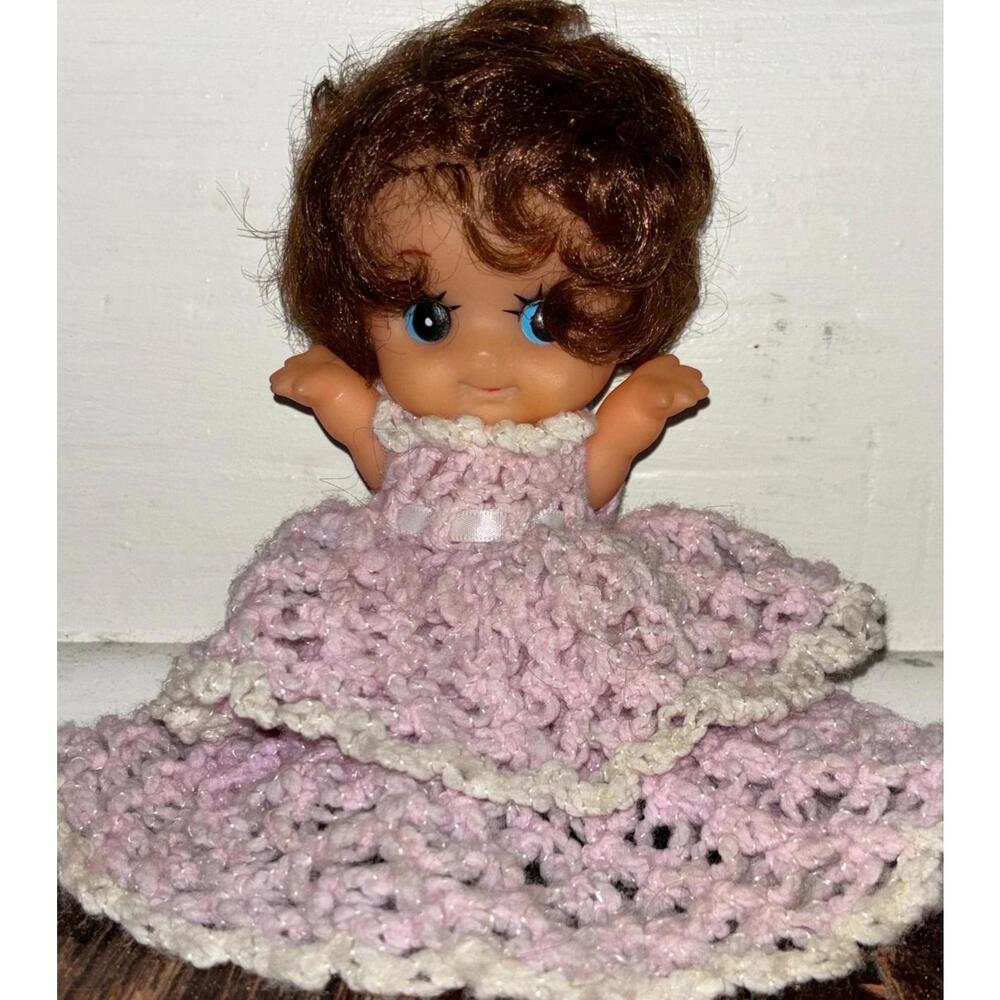 Kewpie Girl Doll With Rooted Brown Hair Purple Knit Dress Vintage *Adorable!*